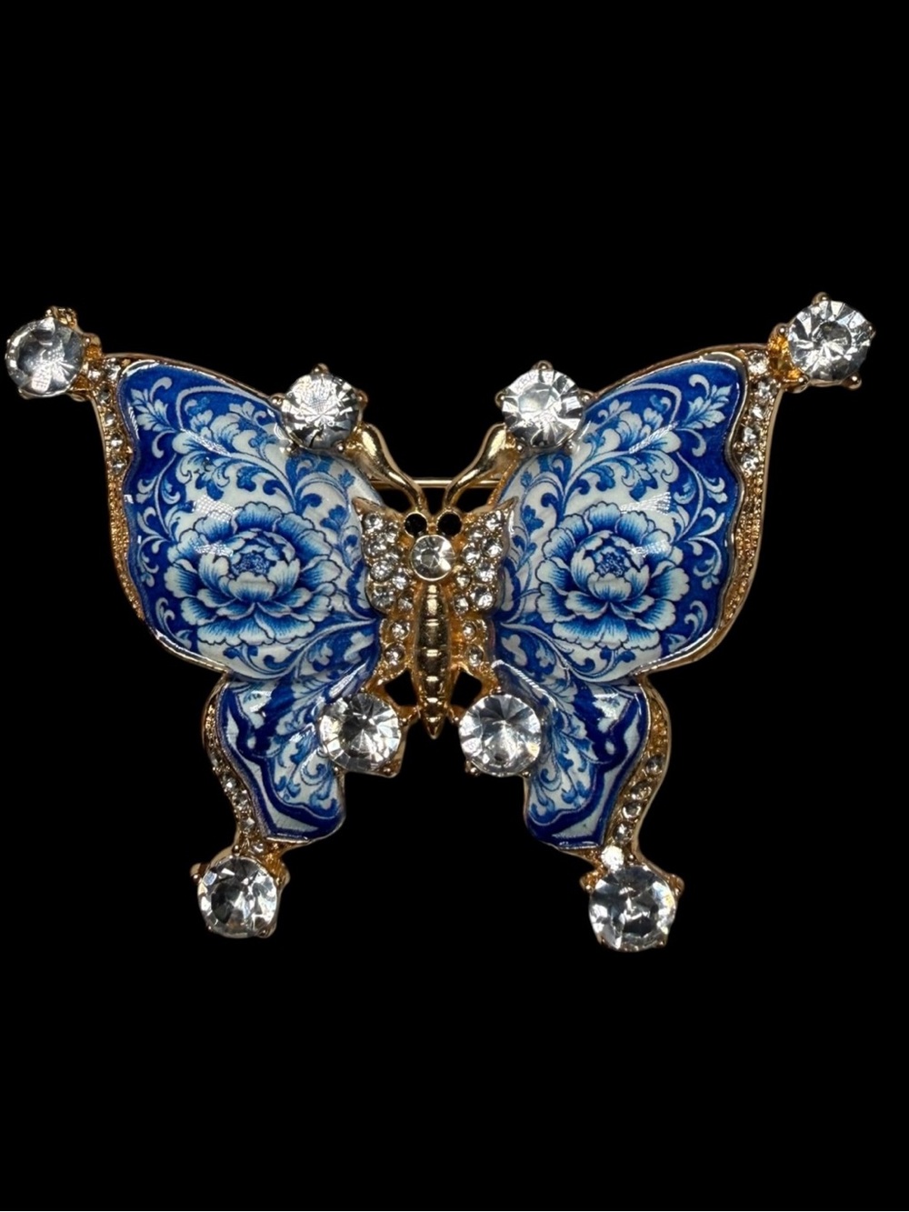 Blue Floral Butterfly Rhinestone Brooch